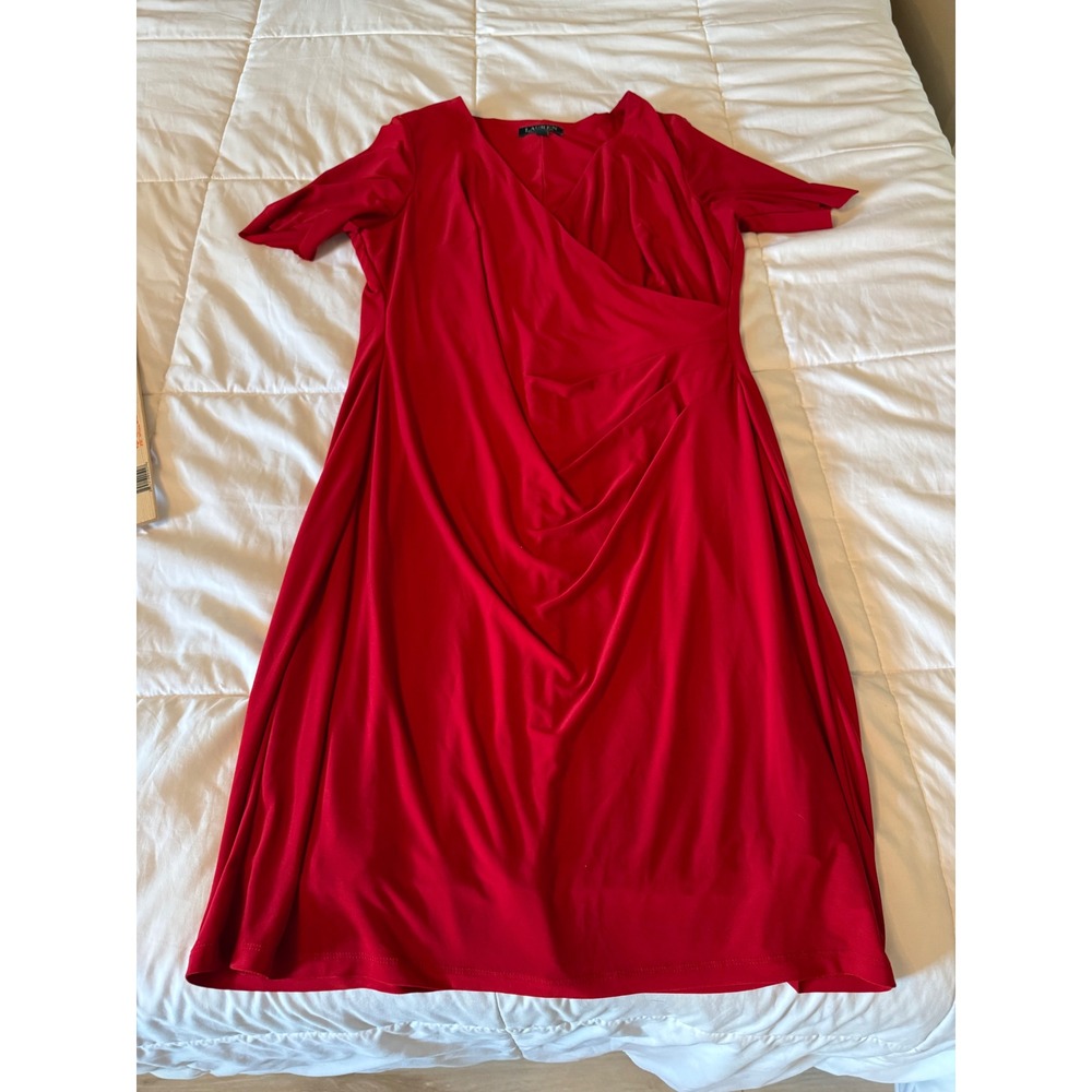 Lauren Ralph Lauren Red Faux Wrap Draped Sheath Dress Short Sleeve Size 16